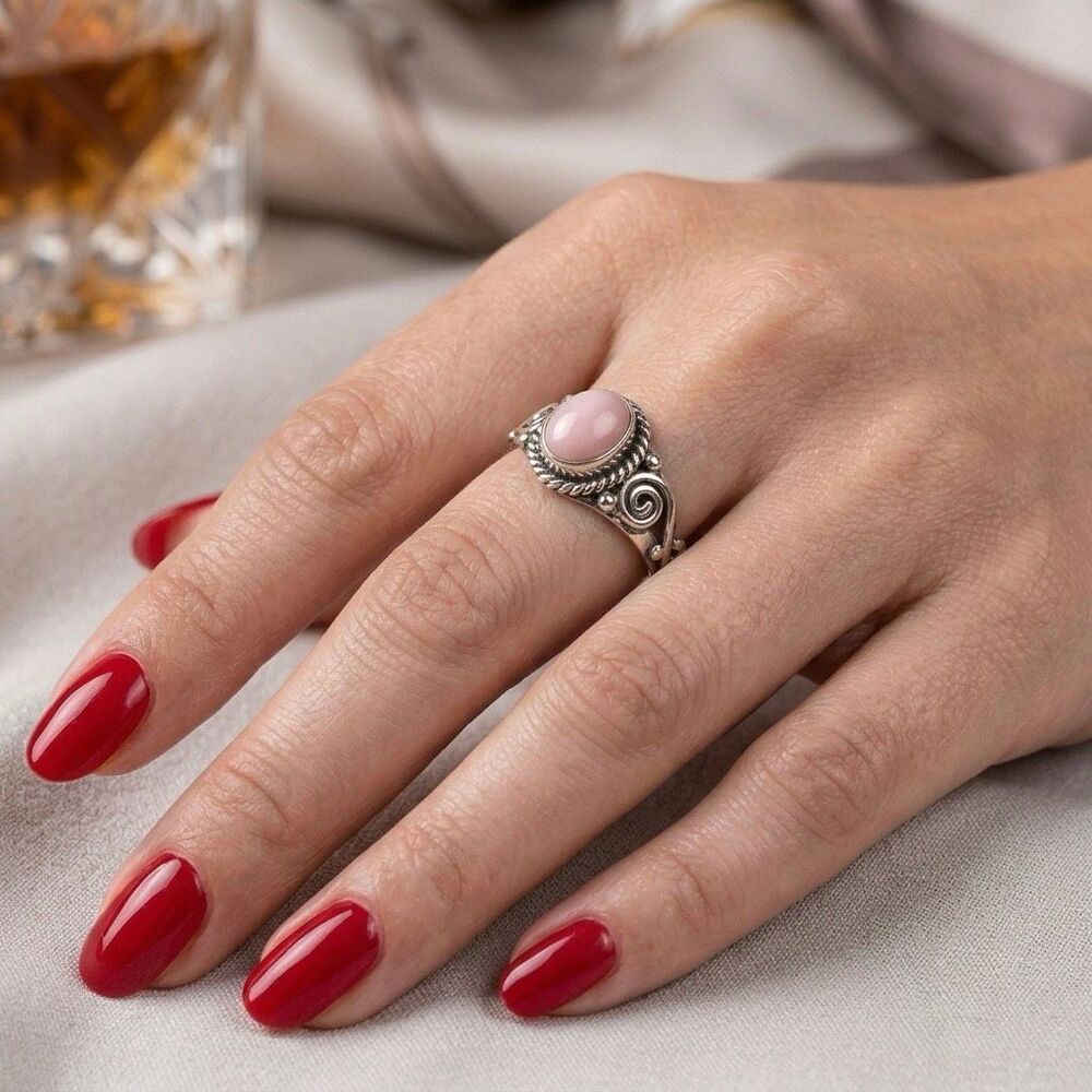 Western Pink Opal Oval Solitaire Swirl Accent Dainty Silver Ring Size 6 New - Picture 6 of 6
